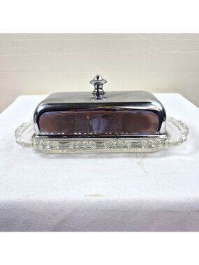 Vintage Glass Butter Dish Beaded Edge Tray Chrome Metal Lid Retro Kitchen